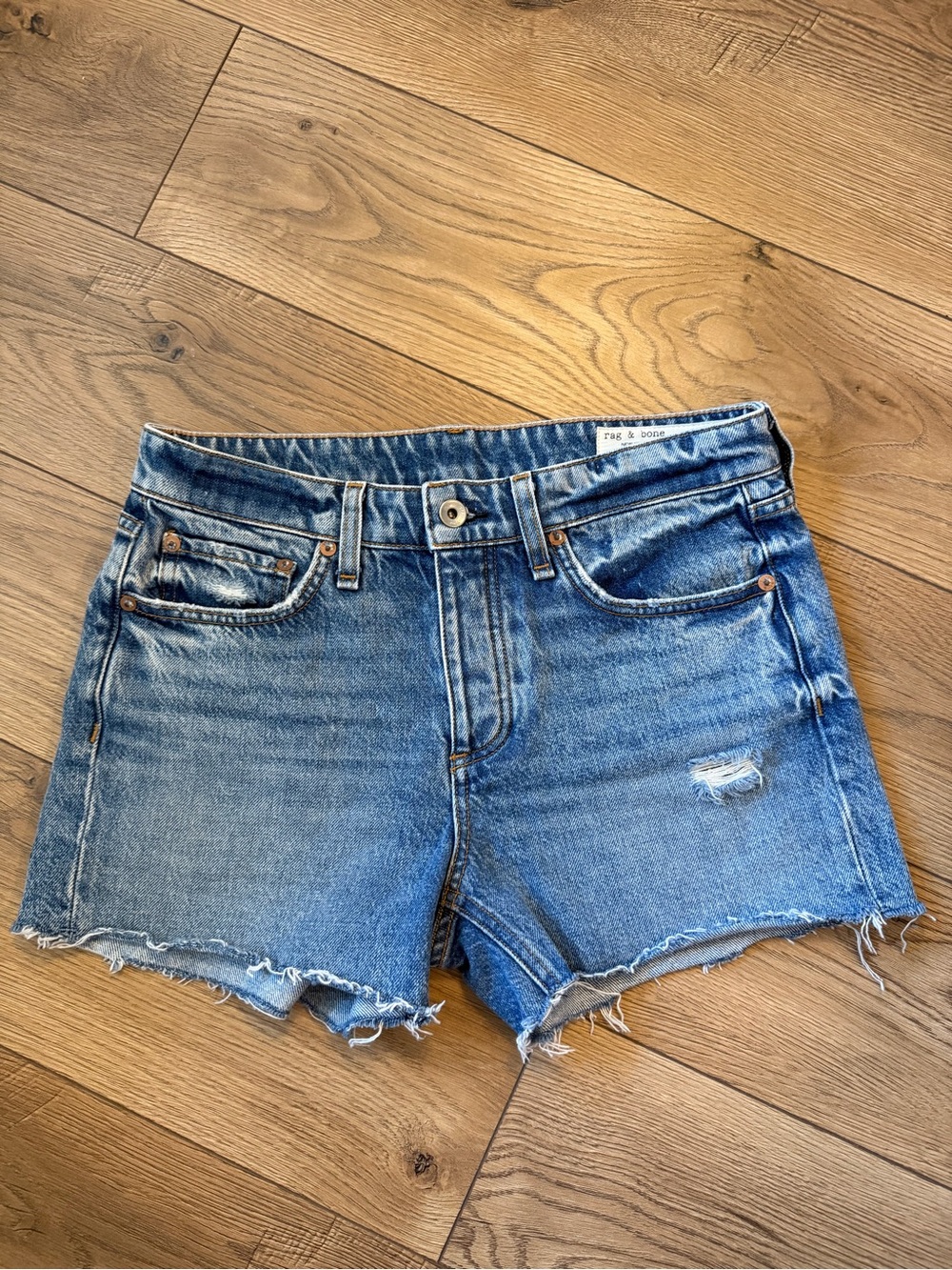 rag & bone Medium Blue Distressed Denim Cutoff Shorts